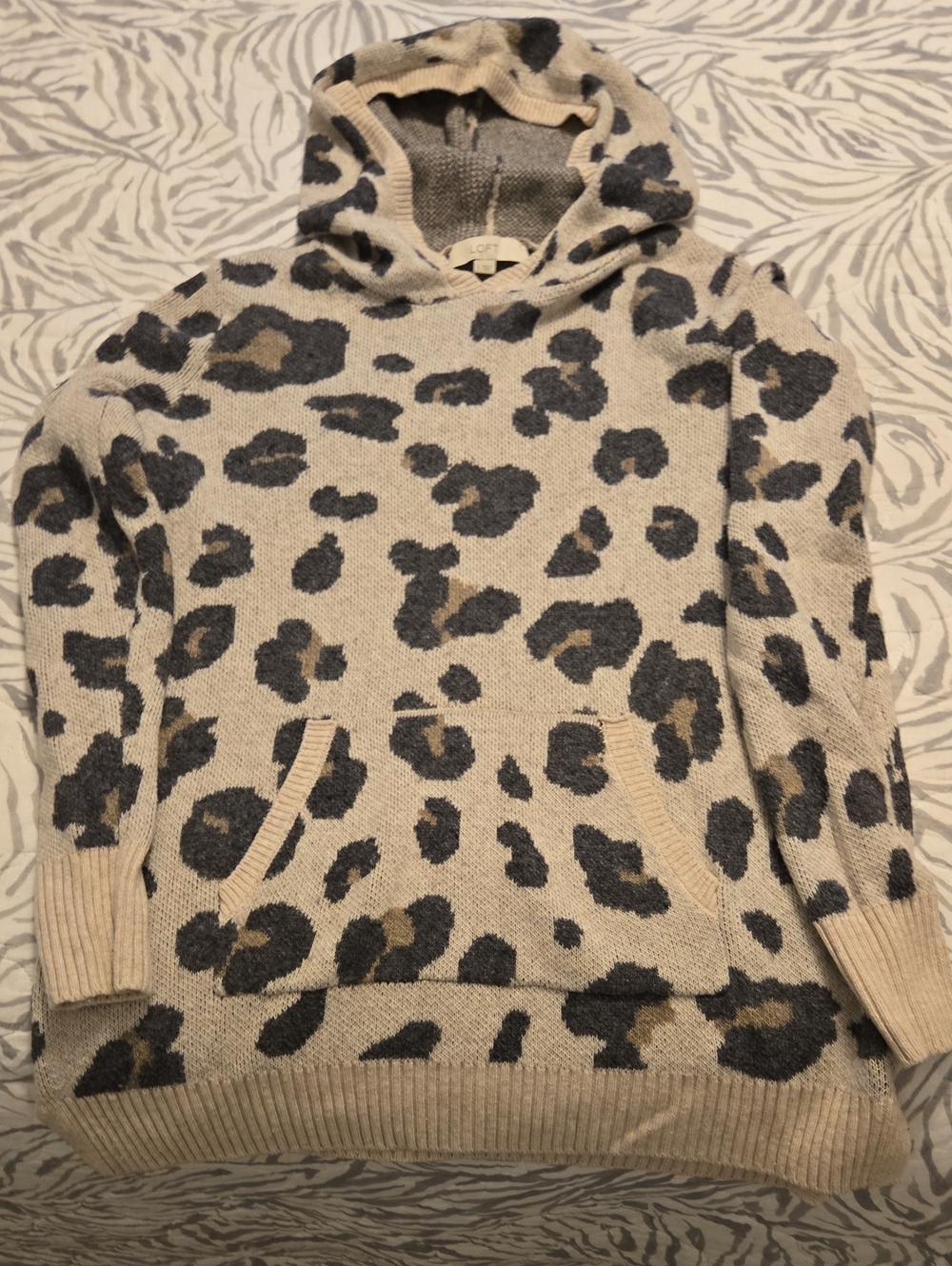 LOFT Cream and Gray Leopard Print Crewneck Hooded Sweater. Size Small.
